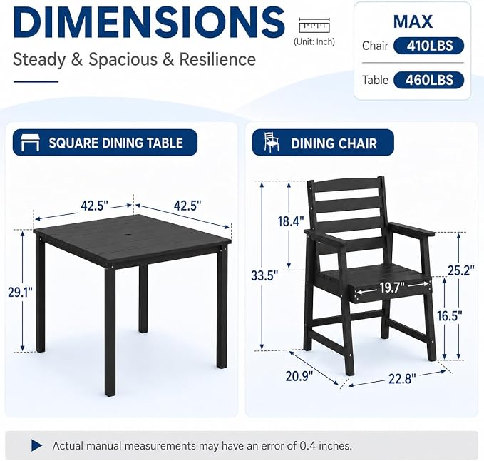 HDPE Outdoor Dining Set for 6, Modular Tables & 6 Armchairs | • Expandable 2-Table Combo • Dual 2" Umbrella Openings • 410 lbs High Weight Limit • All-Weather Polywood
