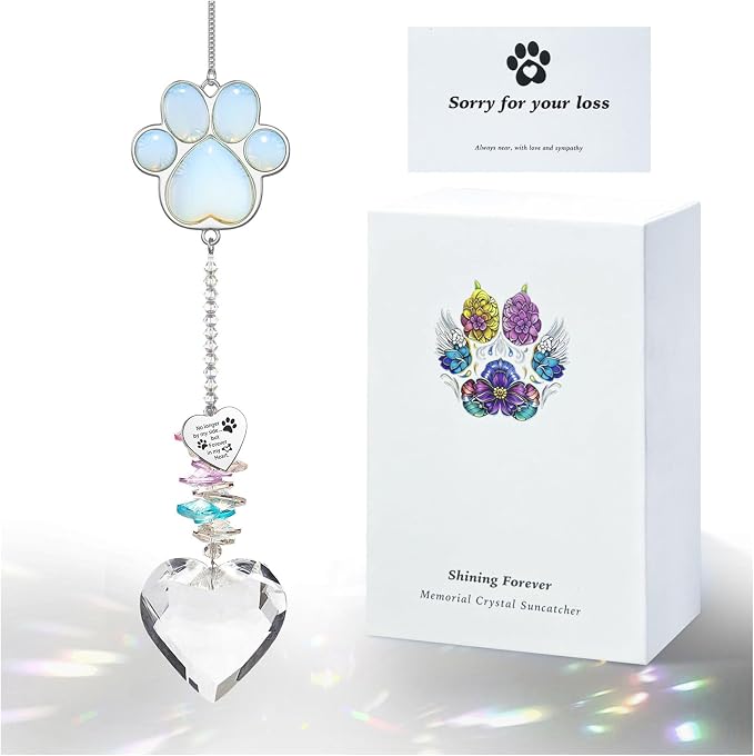 Dog Memorial Gifts, Pet Memorial Suncatcher, Loss of Dog Sympathy Gift | Thoughtful Dogs and Cats Bereavement Remembrance Gifts, Natural Cat's Eye Stone Paw Crystal Suncatcher