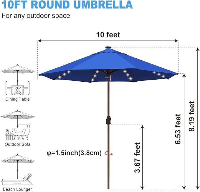 Eurmax USA 10-Year-Non-Fading 10FT Outdoor Patio Market Umbrella with LED Lights,UPF50+ UV Resistant,Heavy Duty Commercial Grade,Crank Lift Design,Windproof Vented Top for Garden,Pool,Deck,Pacific Blue