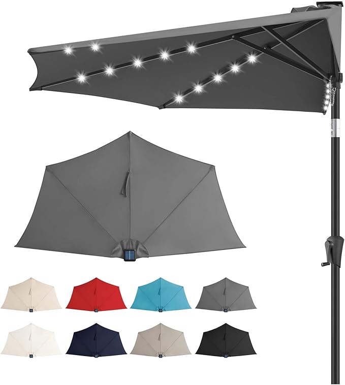 9FT Solar Half Umbrellas Outdoor - LED Half Patio Umbrella with 25 Lights, UV Protection Waterprool, Half Round Umbrella for Wall Balcony, Pool, Porch, Garden, Deck, Backyard, Anthracite