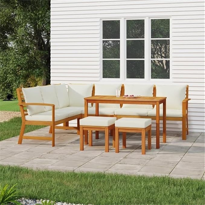 Afuera Living 7-Piece Garden Dining Set, Solid Acacia Wood, Cream White Cushions, Modular Design, Oiled Finish, Outdoor Patio Furniture, Seats 6, Includes Benches, Corner Sofa, Footstools, Dining