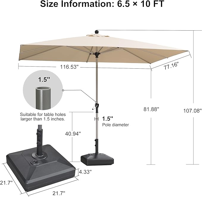 PURPLE LEAF 6.5' x 10' Market Umbrella, Rectangle Patio Umbrella with Base Included, Heavy Duty Outdoor Table Umbrella with Tilt, Aluminum Pool Umbrella for Deck, Garden, or Poolside, Khaki