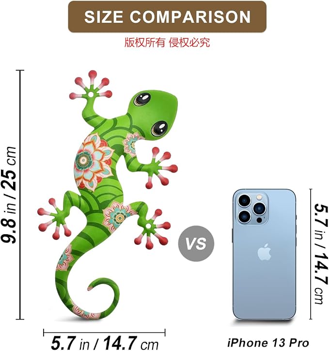 Metal Gecko Outdoor Decorations - 4 Pcs 9.5'' Metal Lizards Wall Art Hanging Sculpture Decoration for Garden Yard Fence Porch Exterior Wall Decor