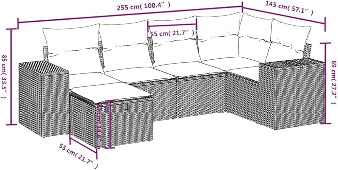 6 Piece Patio Sofa Set with Cushions, Sectional Sofa Porch Furniture Set Patio Conversation Set Front Porch Furniture for Exhibition Negotiation Area Poolside Piazza Black Poly Rattan