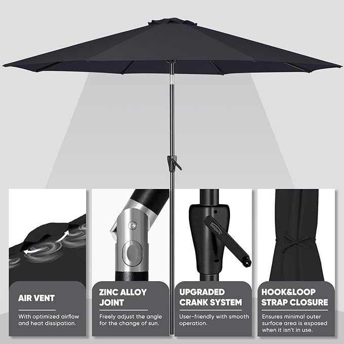 Tempera Patio Market Outdoor Table Umbrella with Push Button Tilt and Crank, Large Sun Umbrella with Sturdy Pole & Fade Resistant Canopy, Easy to Set