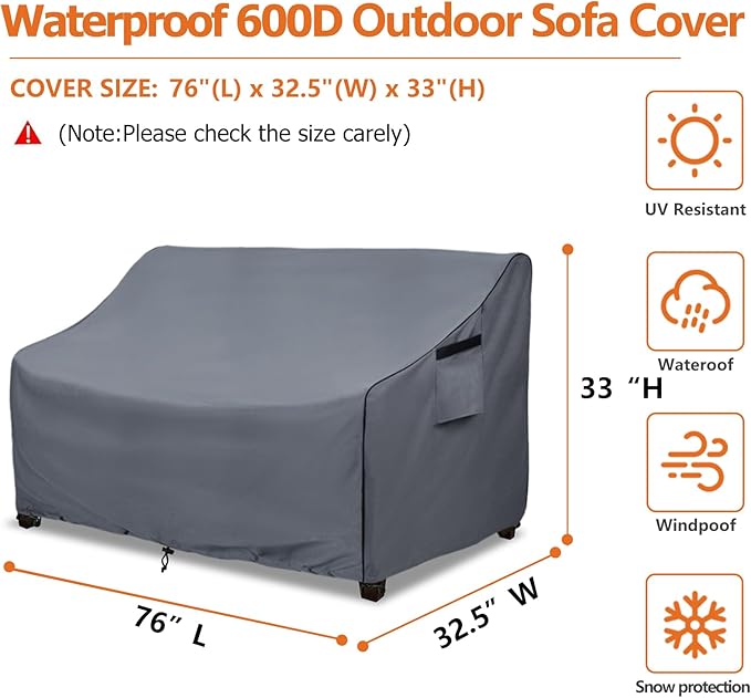 Outdoor 2-Seater Loveseat Cover,600D Heavy Duty 100% Waterproof Patio Sofa Cover,Furniture Covers for Sofa and Loveseat,76W x 32.5D x 33H Inches,Grey.