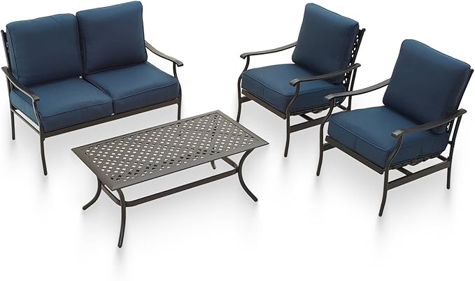 PatioFestival Patio Conversation Set 4 Pieces Cushioned Outdoor Furniture Sets with All Weather Frame for Porch Backyard Lawn (Navy-Blue)