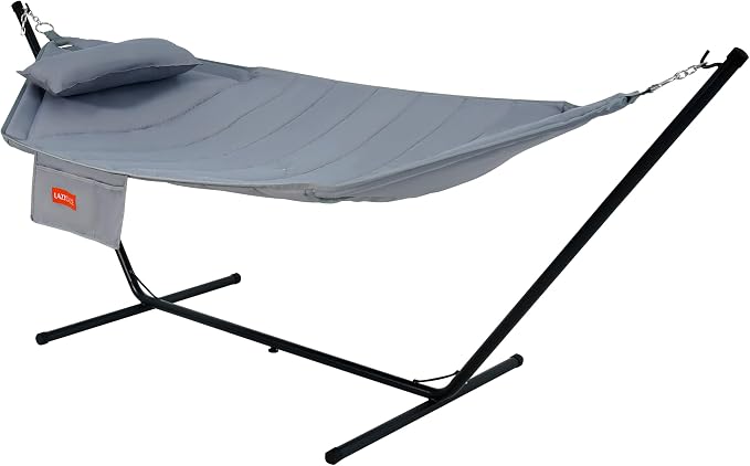 Lazy Daze Hammocks Hammock with Stand for Outside, Quilted Hammock with Detachable Pillow, Tool-Free Assembly, 450lb Capacity for Backyard, Patio, Light Grey