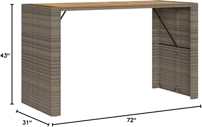 72.8 Inch Outdoor Bar Table Grey Rectangular Synthetic Rattan with Acacia Wood Top for Patio Garden Terrace Cocktail and Dining Furniture