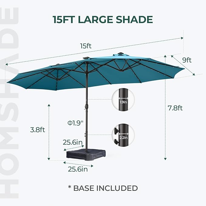 HOMSHADE Double Sided Patio Umbrellas - 15ft Solar Lights LED Lighted Outdoor Extra Large Market Table Umbrella with Base Included, Oversized Umbrella for Deck, Pool, Backyard