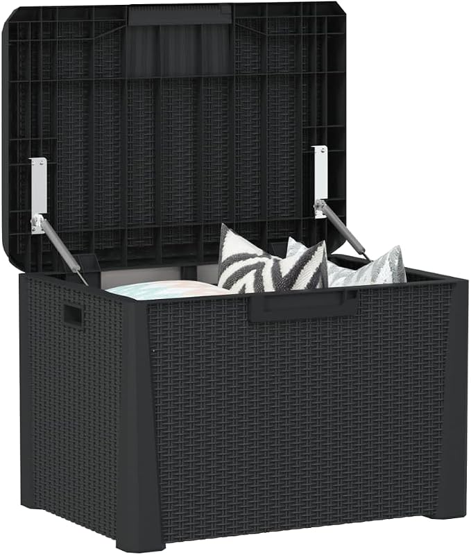 33 Gallon Garden Storage Box, Outdoor Deck Box with Rattan Look, Anthracite Polypropylene Storage Container for Patio, Backyard, and Terrace, 28.7 x 28.7 x 19.5 Inches