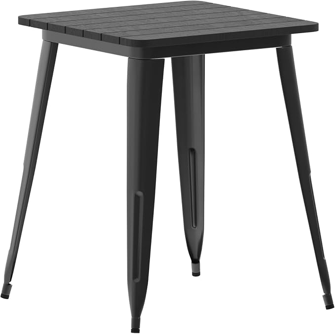 EMMA + OLIVER Drew Dining Table - Black 23.75" Square Poly Resin Table Top - Black Steel Base - All-Weather for Indoor/Outdoor Use