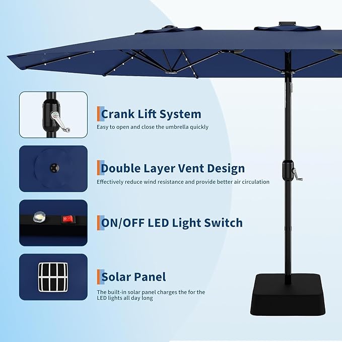 Garvee 15FT Rectangular Outdoor Umbrella Patio Umbrella with Solar Lights & Base Included Large Market Umbrellas with Crank Handle UV Protection Table Umbrellas for Outdoor, Backyard, Deck, Navy Blue