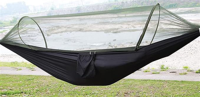 Outdoor Automatic Hammock with Mosquito Net Nylon Portable Lightweight Double Hammock for Camping with 2m Tree Straps Black 9.5'x4.5'