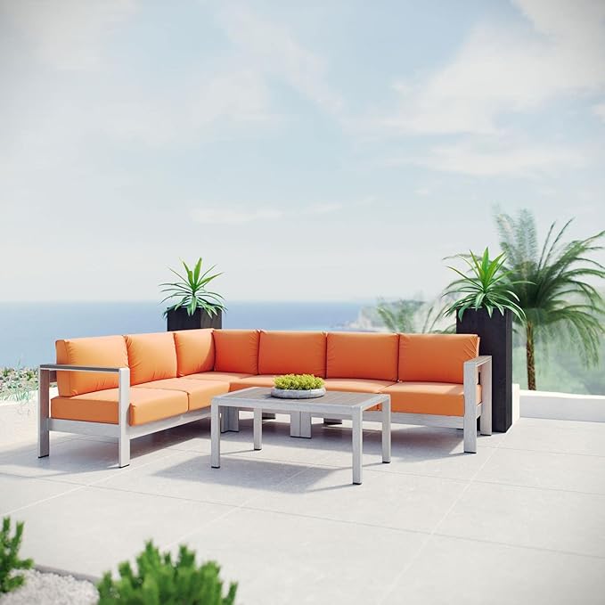 Modway Shore 5-Piece Aluminum Outdoor Patio Sectional Sofa Set in Silver Orange