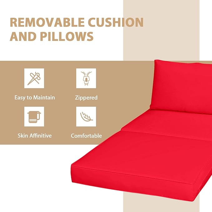 Tangkula 5 Piece Wicker Lounge Chair Set, with Tempered Glass Coffee Table, Outdoor Conversation Sets w/Washable Zippered Cushions, Includes 2 Armless Sofas, 2 Ottomans and 1 Side Table (Red)