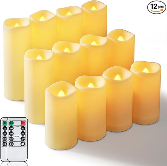 Homemory 12-Piece Waterproof Flameless LED Candles with Remote Control & Timer, Multi-Size Set (D2.2'' x H4''5''6''), Battery Operated for Outdoor/Indoor Decor, Wedding, Holidays & Events