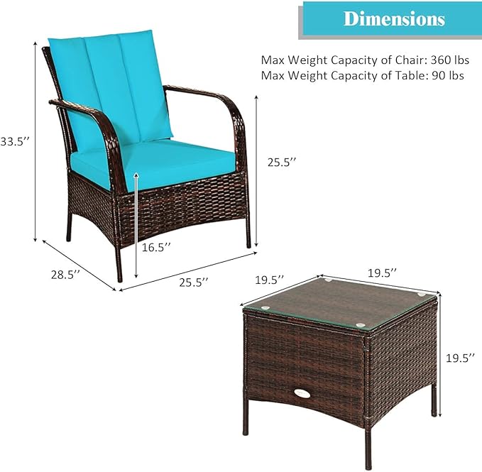 Tangkula 3 Piece Patio Furniture Set, 2 Wicker Chairs with Glass Top Coffee Table, Outdoor Garden Porch Poolside Furniture Set for 2, Rattan Conversation Set
