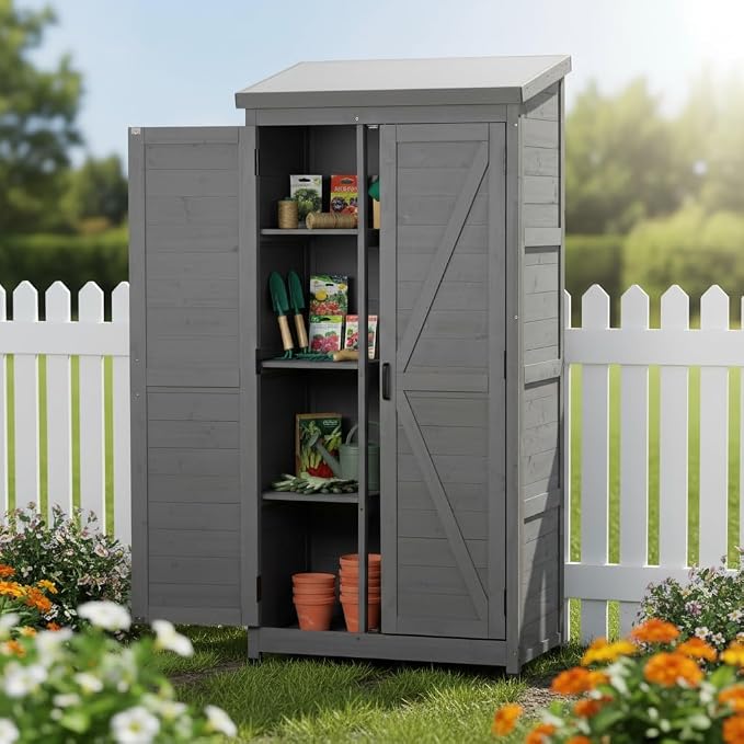 Wooden Outdoor Storage Cabinet, Outdoor Bar Table Cabinet with Storage, Outdoor Buffet Sideboard Cabinets for Patio, Garden, Potting Bench, Bar Table, Balcony (Tall - Grey)