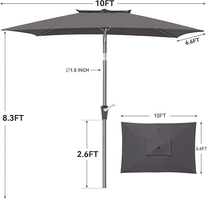 6.6 x 10 ft Rectangular Patio Umbrella, Outdoor Market Table Umbrella with Push Button Tilt and Crank, Double-Tier Vent, 6 Ribs, Rectangle Patio Umbrella for Backyard, Deck, Pool, Fits 4–6 Chairs and Tables (Grey)
