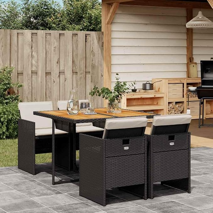 5-Piece Garden Dining Set with 4 Cushioned Chairs, Outdoor Patio Table and Chairs Set, PE Rattan and Acacia Wood Square Table for Backyard, Terrace and Outside Dinning, Black and Cream
