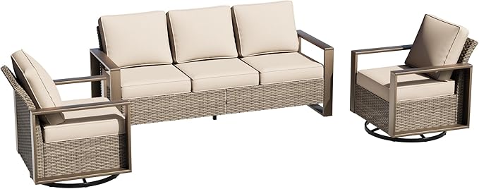 Wicker Patio 75" Sofa Set with 2 Swivel Chairs, All Weather Rattan Outdoor Conversation Furniture Set with Wood-Looking Metal Armrest & Removable Cushions for Backyard Porch, Beige