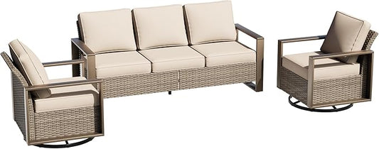 Wicker Patio 75" Sofa Set with 2 Swivel Chairs, All Weather Rattan Outdoor Conversation Furniture Set with Wood-Looking Metal Armrest & Removable Cushions for Backyard Porch, Beige