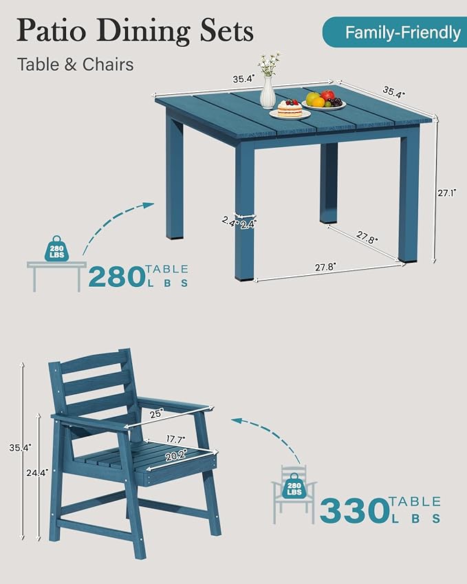 LOUNZY 5-Piece HDPE Patio Dining Set - Outdoor Square Table with 2" Hole Cut-Out & 4 Chairs,Navy