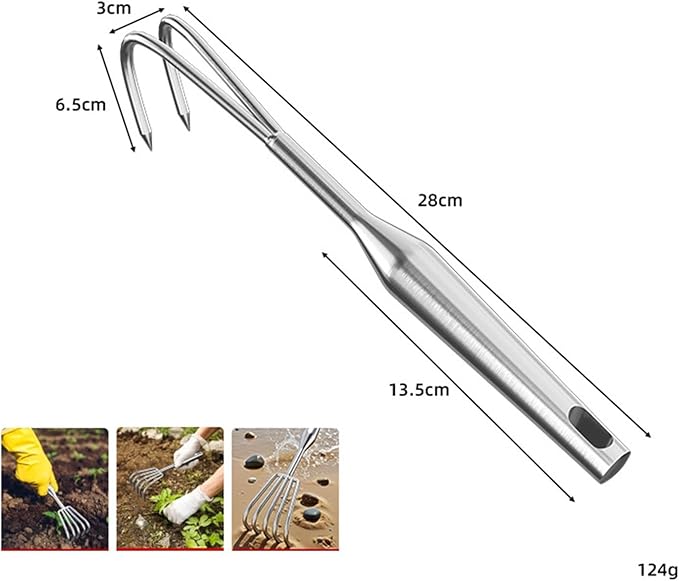 Hand Rake Stainless Steel Heavy Duty Garden Rake Weeding Tool Ergonomic Claw Rake Soil Tiller Portable Planting Rake Suitable for Flower Beds Yard Wor , 2 Tine
