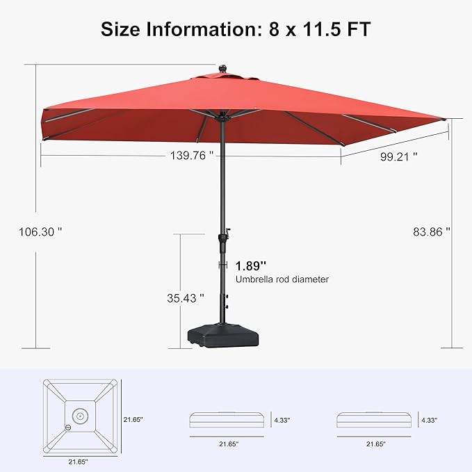 PURPLE LEAF 11.5' x 8' Rectangle Patio Market Umbrella with Base Outdoor Table Umbrellas Aluminum Frame Sun Shade with 8 Sturdy Ribs for Garden Deck Lawn Pool Terra