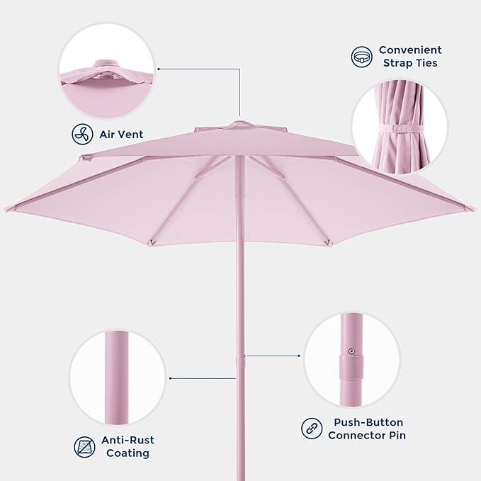 HOMSHADE 7.5ft Outdoor 1S Push-Up Patio Umbrella - Market Table Pool Deck Umbrella UPF50+ UV Protection with 6 Sturdy Ribs for Balcony, Garden, Lawn, Backyard (Light Pink)