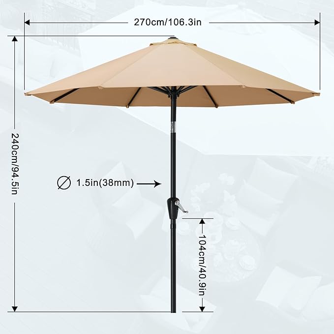 MASTERCANOPY 9FT Patio Umbrella with Push Button Tilt and Crank, Outdoor Market Umbrella with 8 Sturdy Ribs, UV Protection & Waterproof for Garden, Deck, Backyard, Pool (Khaki)