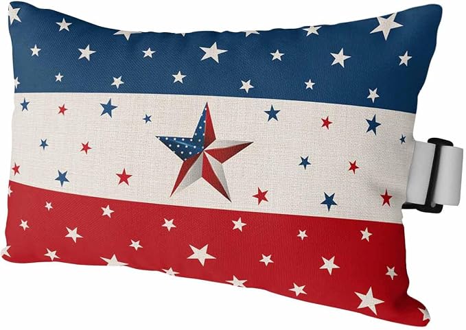 Outdoor Lumbar Pillows with Adjustable Band,Independence Day Red White Blue Stripe Waterproof Recliner Throw Pillow Chaise Lounge Cushion with Insert for Beach,Graden Rustic Star on Cotton 1 Pack