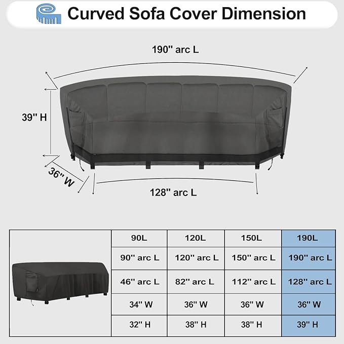 OutdoorLines Waterproof Curved Outdoor Sectional Cover - UV Resistant Windproof Patio Sectional Sofa Covers for Deck, Lawn and Backyard, Heavy Duty Furniture Covers (190Lx36Dx39Hx128FL, Black)