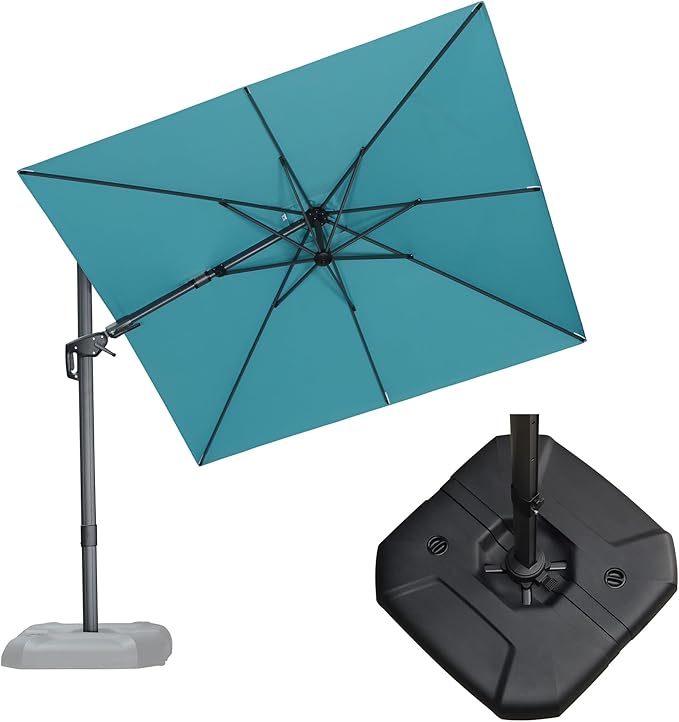 PURPLE LEAF 8' X 8' Tilting Patio Umbrella with Base Outdoor Cantilever Swivel Square Umbrella with Tilt Aluminum Offset Umbrella with 360-degree Rotation for Garden Deck Pool Patio Turquoise Blue