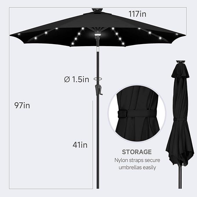 FLAME&SHADE 10 FT Solar Light Patio Umbrella, 40 LED lights outdoor umbrella with Centre Surround Light, Table Market Umbrella for Deck, Pool, Porch, Backyard, Garden, UV Protection, Black