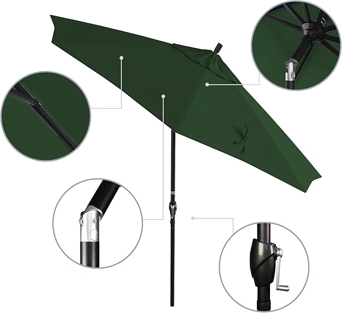 California Umbrella 9' Round Aluminum Market Umbrella, Crank Lift, Push Button Tilt, Black Pole, Pacifica