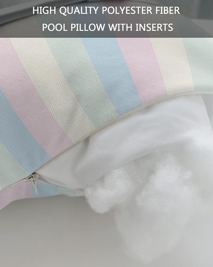 Outdoor Pillows Covers with Inserts Blue Green Yellow Pink Stripe Waterproof Recliner Pillow with Adjustable Strap Throw Pillows for Patio Furniture Pool Lounge Chair, 12x20 inch, 2PCS