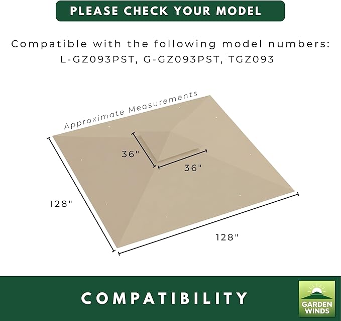 Garden Winds Durable 350 Replacement Canopy Top Compatible with Summer Veranda 10 ' x 10' Gazebo Models L-GZ093PST, G-GZ093PST, TGZ093 - Beige