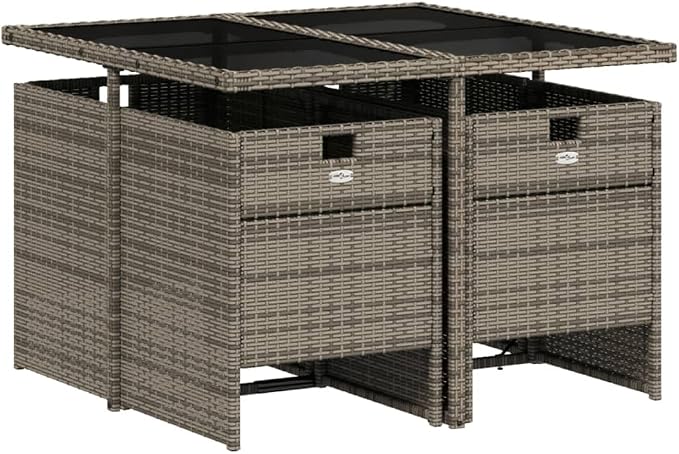 5 Piece Patio Dining Set with Cushions Gray Poly Rattan Outdoor Table and 4 Folding Chairs Tempered Glass Top Weather Resistant for Garden Backyard Deck Entertaining