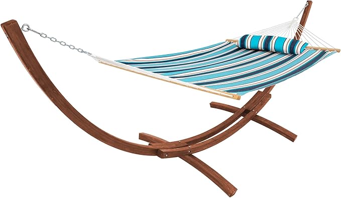 Lazy Daze 12FT Sunbrella Fabric Hammock with 13FT Wood Arc Stand, Free Pillow Fits for Two Persons, All Weather and Fade Resistant for Patio Yard, 450 lbs Weight Capacity, Token Surfside