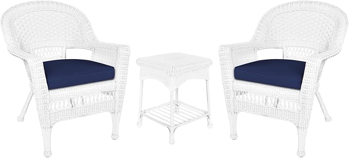 Jeco Carell Furniture 3 Piece Wicker Conversation Set in White with Blue Cushions