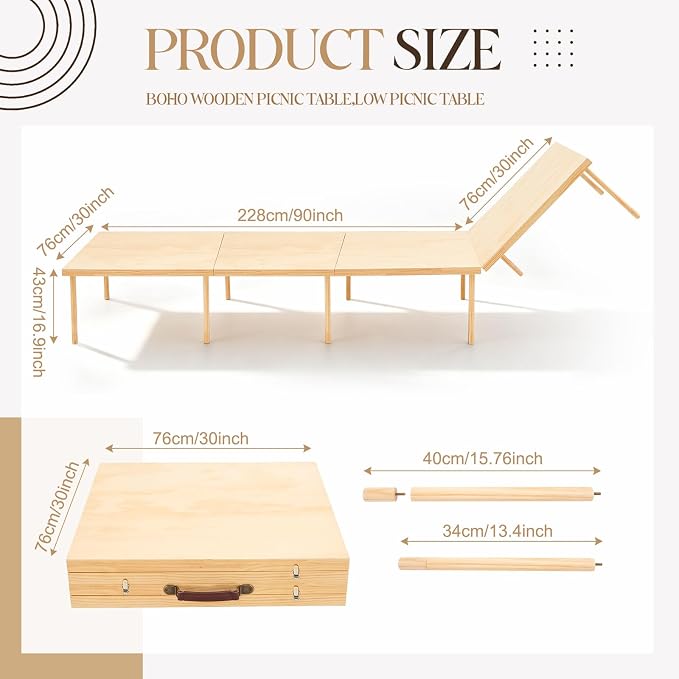 Leinuosen 120"x30" Boho Wooden Picnic Table, Portable Folding Outdoor Picnic Table with Adjustable Legs Height 13'' & 16'' for Floor Seating, Beach, Camping, BBQ, Backyard, Seating for 8-12 People