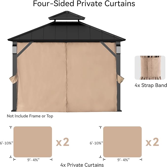 Covered Outdoor Gazebo Curtain Replacement Universal 4-Panel Sidewalls 10' x 10', Outdoor Gazebo Privacy Curtains with Zipper, Replacement for Outdoor, Patio Canopy, Garden and Backyard (Curtain Only)