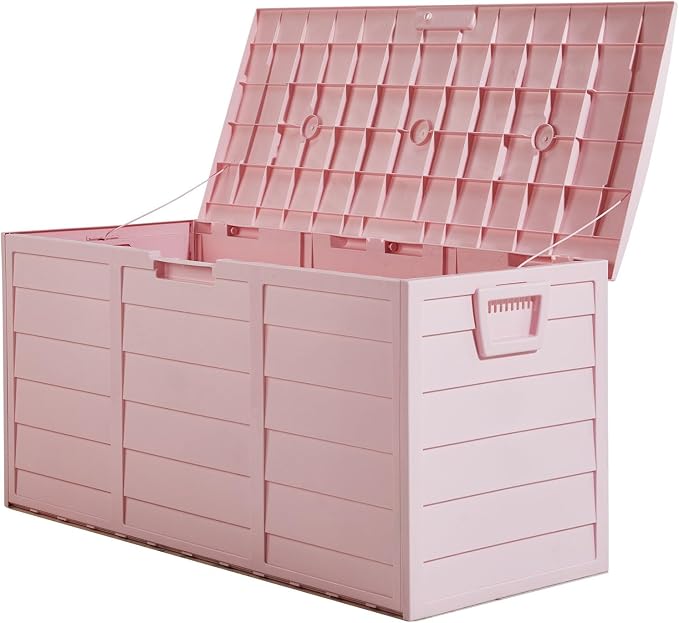 75-Gallon Outdoor Storage Bench with Wheels, Heavy-Duty Waterproof Deck Box for Patio, Garden, and Pool Organization (All pink)
