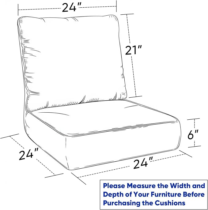 Luxury 24*24*6in Outdoor Patio Cushions, 1 Piece Beige Outdoor Cushion | 6in Outdoor Patio Cushions, Water-Resistant, Reversible, Removable Cover, for Patio Chairs Sofa Couch Loveseat
