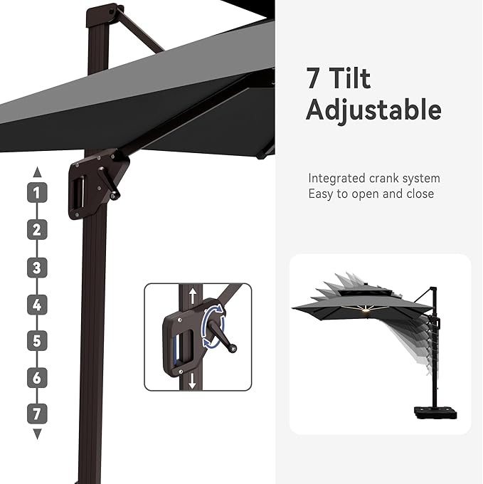 9' X 12' Cantilever Patio Umbrella with Led Lights Double Top Rectangular Outdoor Large Offset Umbrellas with 7 Tilts Adjustable 360°Rotation for Deck Pool Garden Backyard, Grey