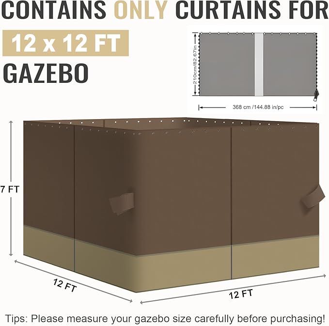 COWVIE 4-Panel 12' x 12' Gazebo Replacement Curtains, Patio Privacy Sidewalls with Double Zipper, Replacement for Outdoor Gazebo Canopy (Curtain Only)