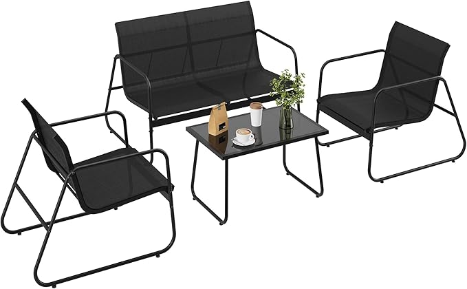 GAOMON 4 Piece Patio Textilene Conversation Set with 2 Chairs and Love Seat, Outdoor Conversation Set with Single Chairs and Glass Top Coffee Table for Backyard Porch Lawn Balcony, Black