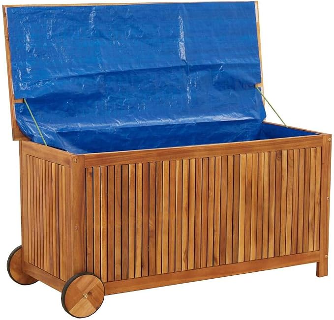 Garden Storage Box Outdoor Solid Acacia Wood 44.5 x 19.7 x 22.8 in with Wheels Water Repellent for Patio Garden and Terrace